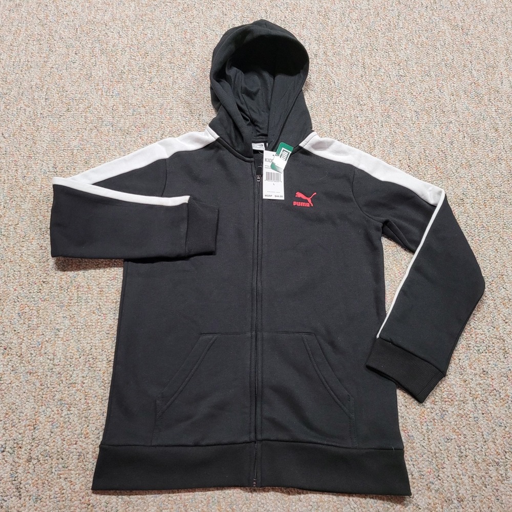 Puma Full Zip Hoodie Kids Large Black White Track Jacket PFA21M9Z NWT